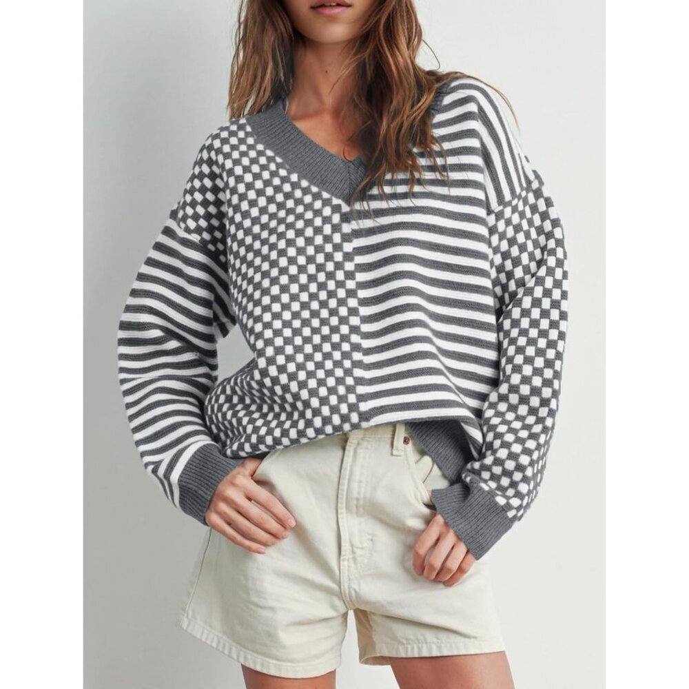 Women's Grey Striped Checkered V Neck Casual Knit Trendy Pullover Sweaters - Picture 2 of 3